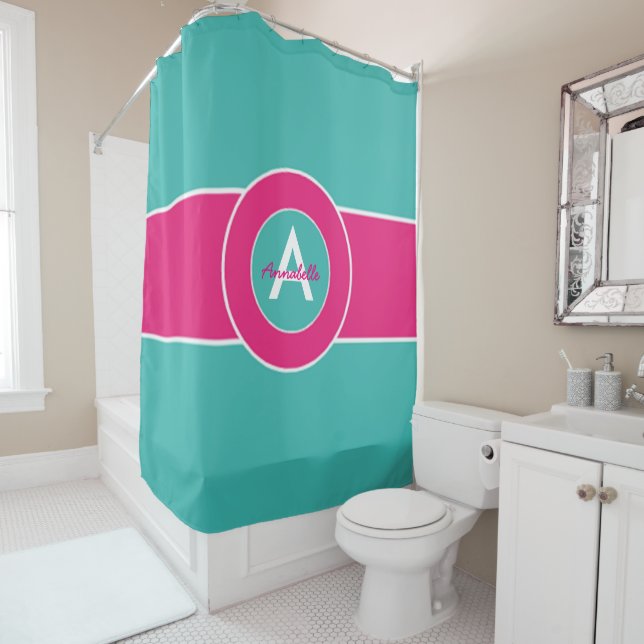 Aquamarines Hot-Pink-Monogramm Personalisiert Duschvorhang (Beispiel)