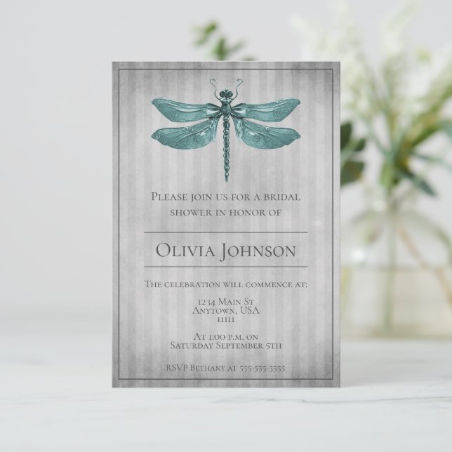 Aquamarines Jewelen-Dragonfly-Brautparty Einladung (Stehend Vorderseite)