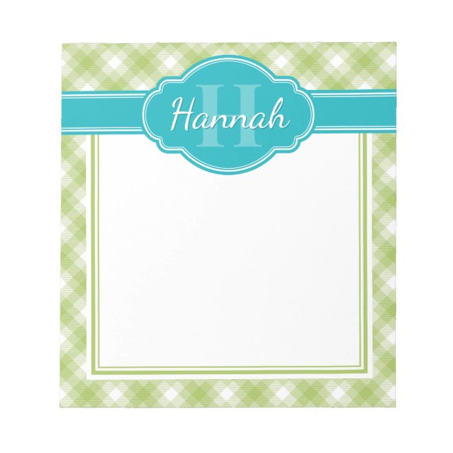 Aquamarines Kariertes Muster  Monogramm Notizblock (Vorderseite)