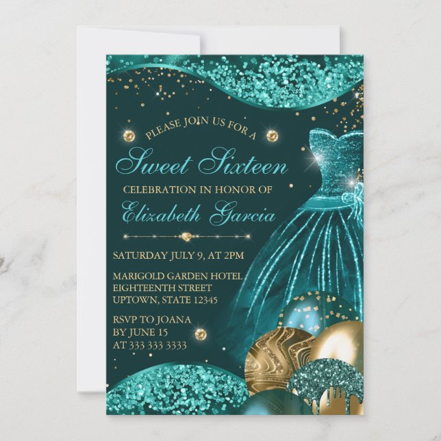 Aquamarines Kleid & Gold Glitzer Balloons Sweet 16 Einladung (Vorderseite)