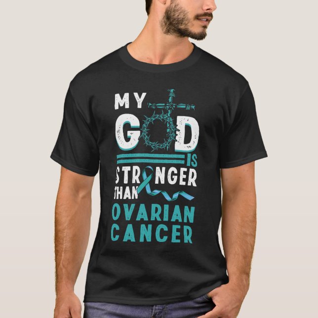 Aquamarines Krebsband mein Gott, stärker als Ovari T-Shirt (Vorderseite)