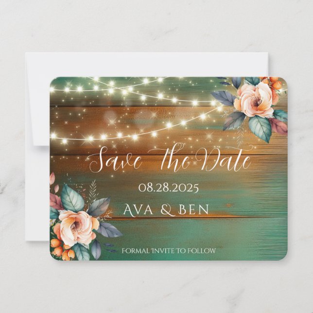 Aquamarines Kupfer-Holzflorenlicht Save the Date Mitteilungskarte (Vorderseite)