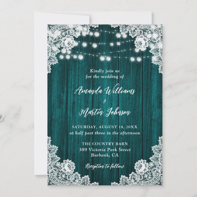Aquamarines Land Holz Blumenlatte Lichter Hochzeit Einladung (Vorderseite)
