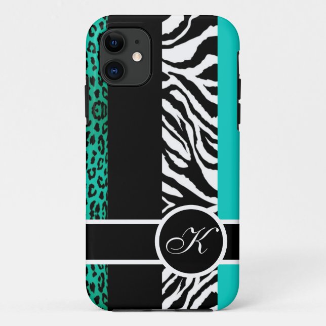 Aquamarines Leopard-und Zebra-Tierdruck-Monogramm Case-Mate iPhone Hülle (Rückseite)