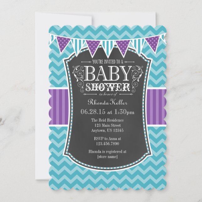 Aquamarines Lila Chalkboard Zickzack Babydusche la Einladung (Vorderseite)