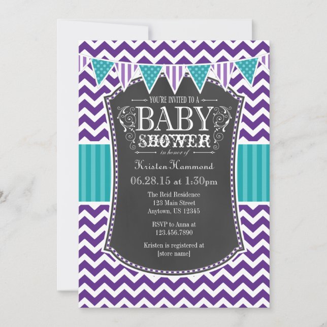 Aquamarines Lila Chalkboard Zickzack Babydusche la Einladung (Vorderseite)