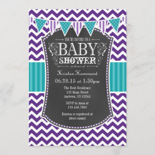 Aquamarines Lila Chalkboard Zickzack Babydusche la Einladung