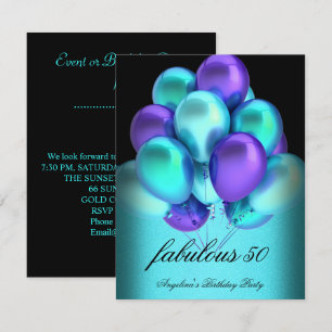 Aquamarines Lila, feines schwarzes Balloons Party Einladung
