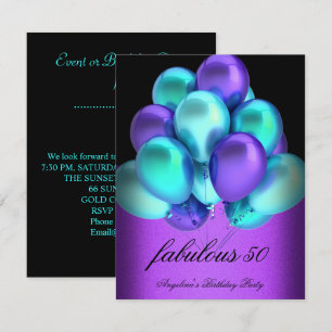 Aquamarines Lila, feines schwarzes Balloons Party Einladung