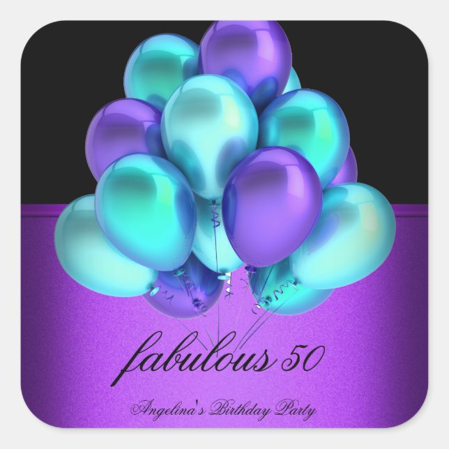 Aquamarines Lila, feines schwarzes Balloons Party Quadratischer Aufkleber (Vorderseite)