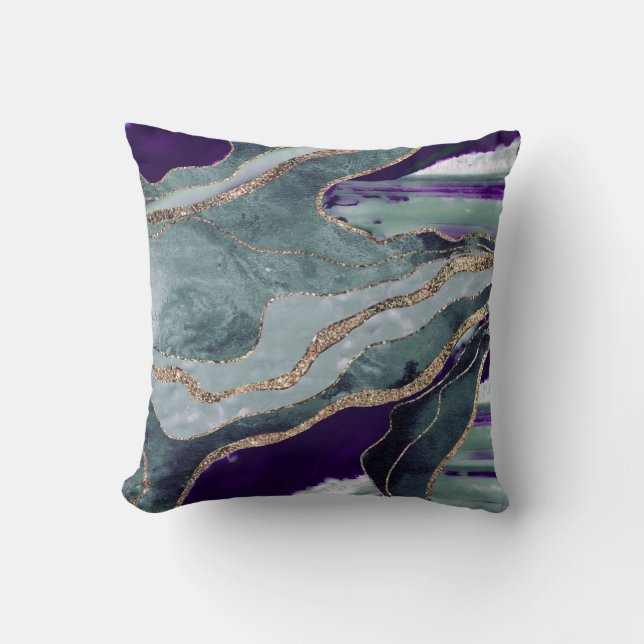 Aquamarines Lila Marmorglas Agate Gold Glitzer Gla Kissen (Vorderseite)