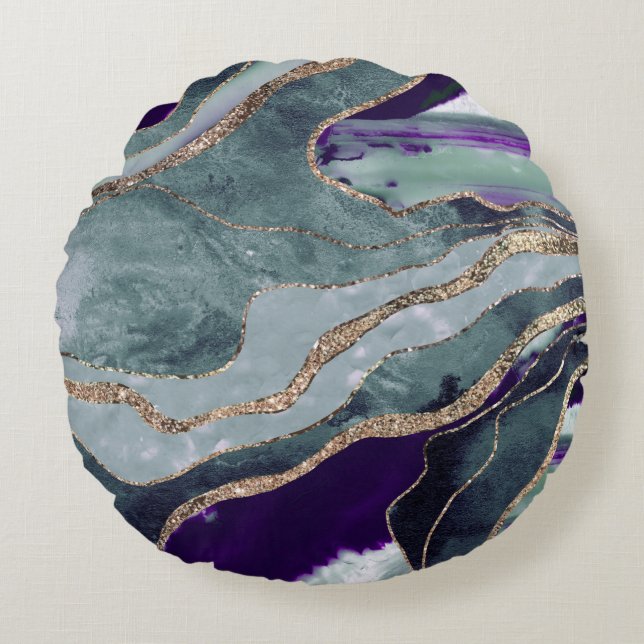Aquamarines Lila Marmorglas Agate Gold Glitzer Gla Rundes Kissen (Vorderseite)