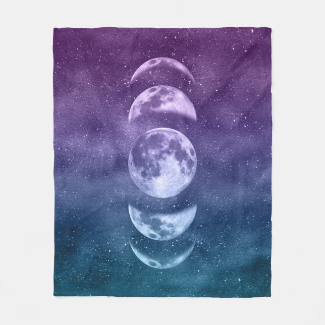 Aquamarines Lila Mondphasen Himmelsmuster Fleecedecke (Vorderseite)