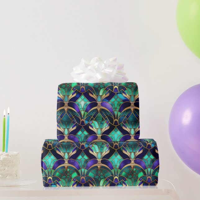 Aquamarines, Lila und goldgefestigtes Pfauenglas Geschenkpapier (Partygeschenke)