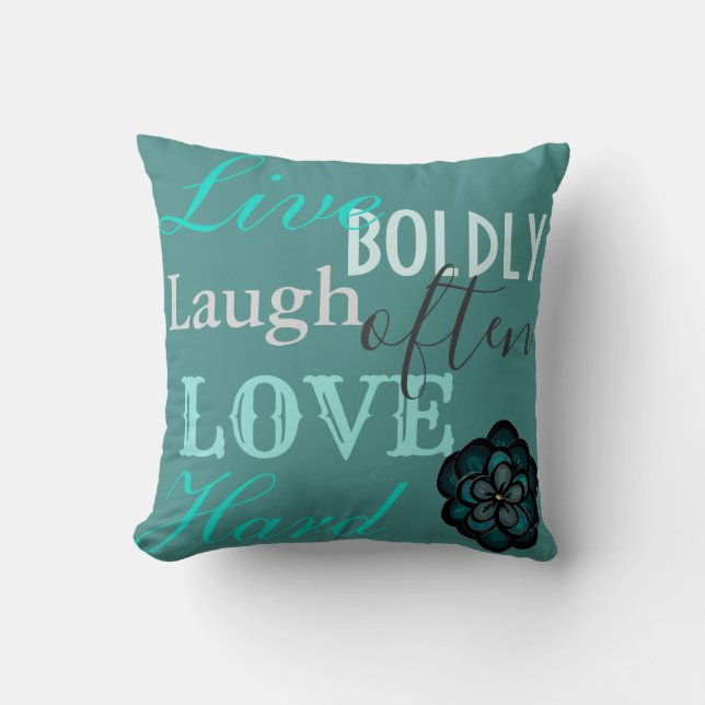 Aquamarines "Live, Lachen, Liebe" dekoratives Kissen (Vorderseite)