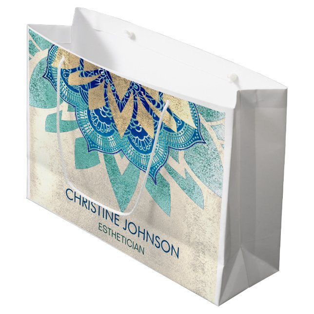 aquamarines Lotus-Logo Große Geschenktüte (Vorderseite Schrägansicht)