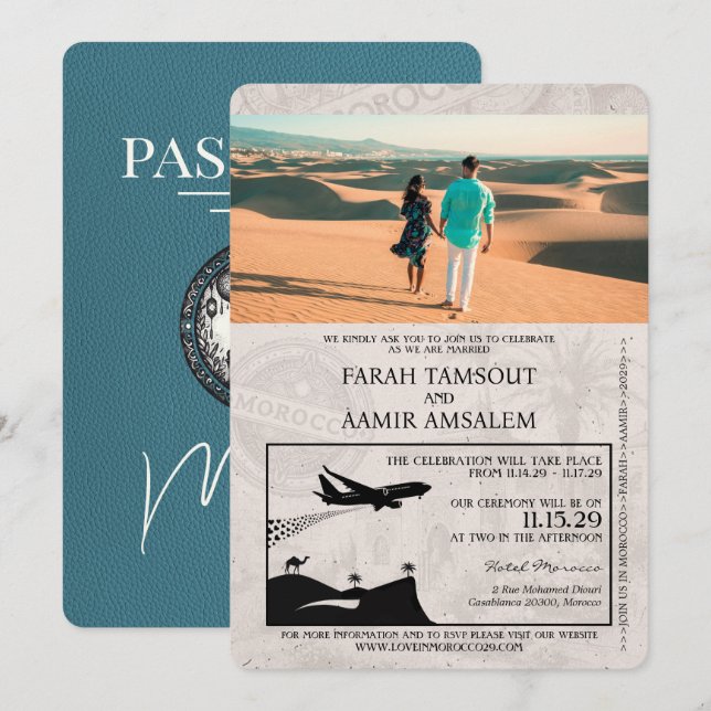 Aquamarines Marokko Passport Hochzeit Einladung (Vorne/Hinten)