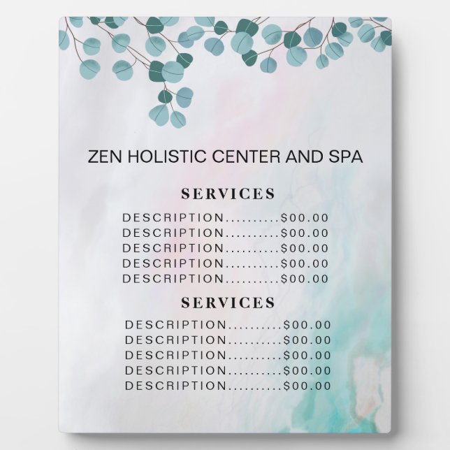 Aquamarines Menü "Eucalyptus Wellness-Center Salon Fotoplatte (Vorderseite)