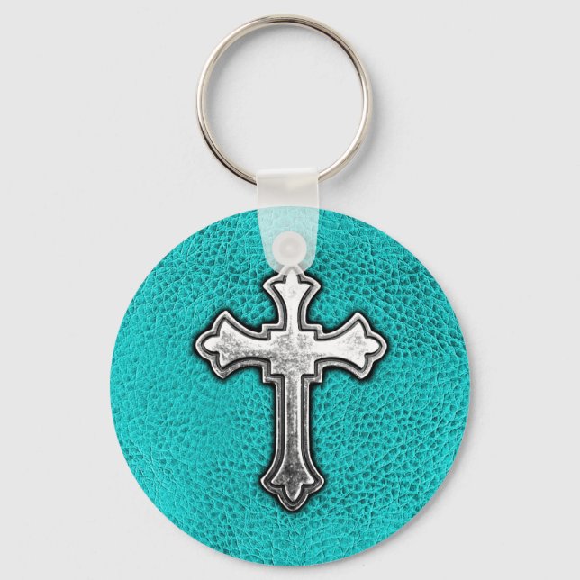 Aquamarines Metallkreuz Schlüsselanhänger (Vorderseite)