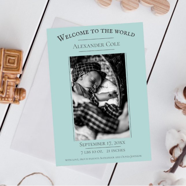 Aquamarines Minimalistisches Foto - Geburtsankündi Ankündigung (Teal Minimalist Photo Birth Announcement)