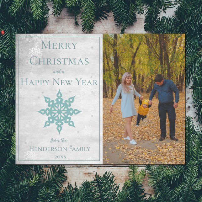 Aquamarines modernes Foto Feiertagskarte (Teal Modern Snowflake Photo Holiday Card)
