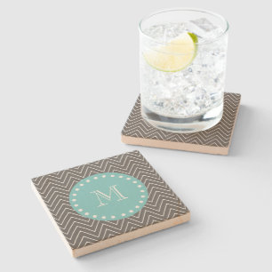 Aquamarines Monogramm des Holzkohlen-Grau-Zickzack Steinuntersetzer