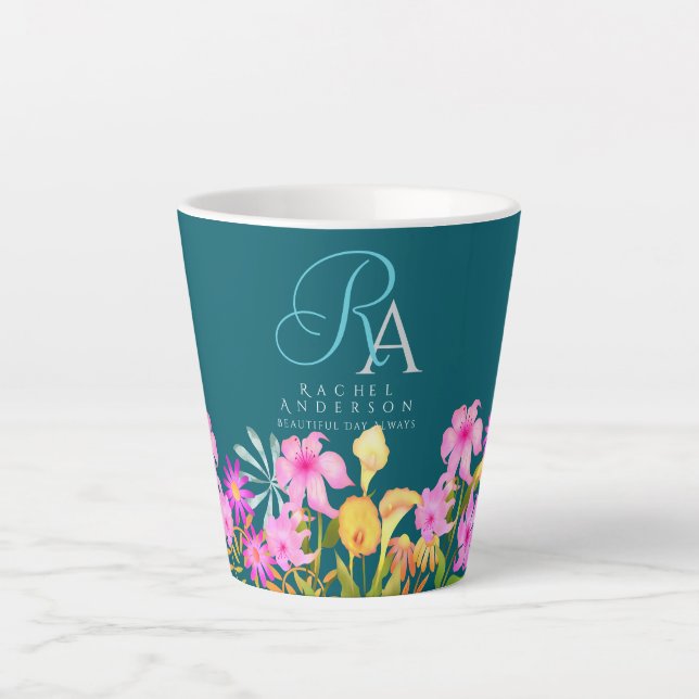 Aquamarines Monogramm für den Blumengarten Milchtasse (Vorderseite)