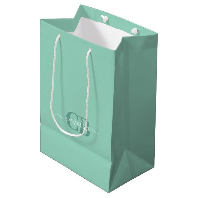 Aquamarines Monogramm-Geschenkbeutel Mittlere Geschenktüte (Vorderseite Schrägansicht)