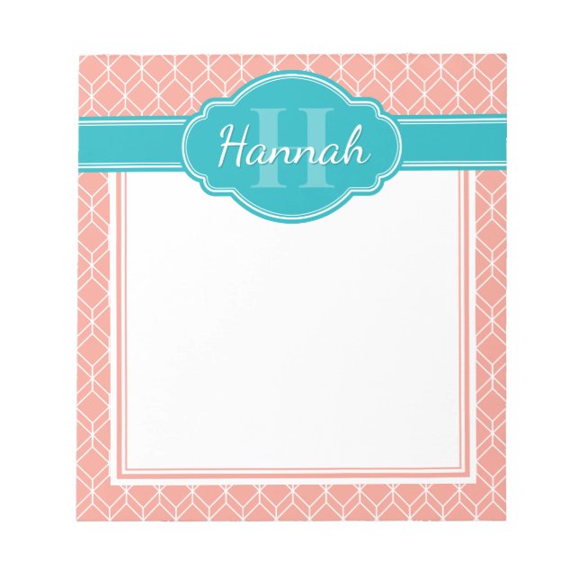 Aquamarines Monogramm mit rosa weißem geometrische Notizblock (Vorderseite)