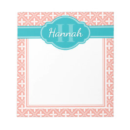 Aquamarines Monogramm, rosa, blaues Gittermuster Notizblock