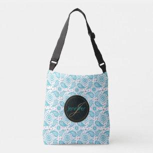 Aquamarines Muster Paisleys. Monogramm Tragetaschen Mit Langen Trägern