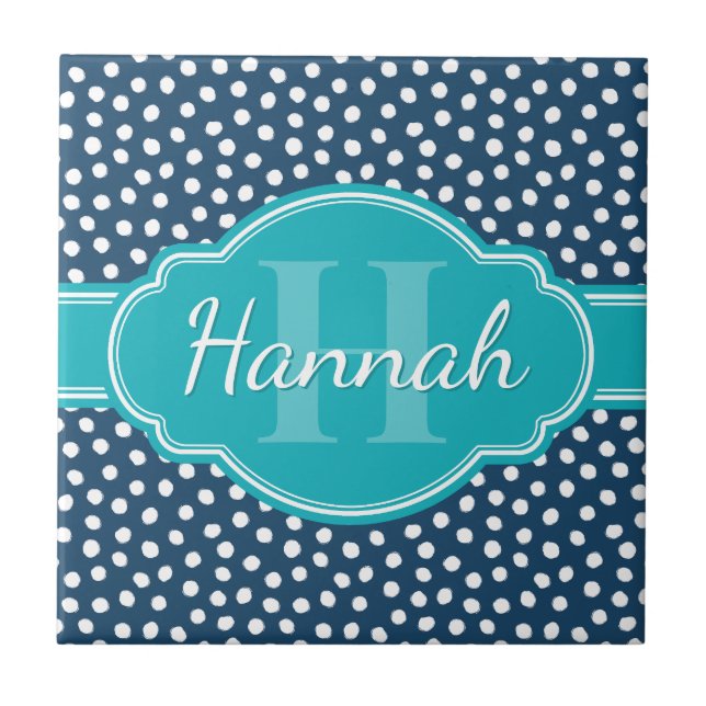 Aquamarines Navy White Dottern Muster Fliese (Vorderseite)