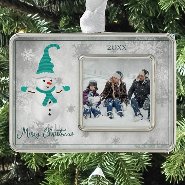 Aquamarines Niedliches Schneemann-Urlaubsornament Rahmen-Ornament Silber (Teal Cute Snowman Holiday Ornament)