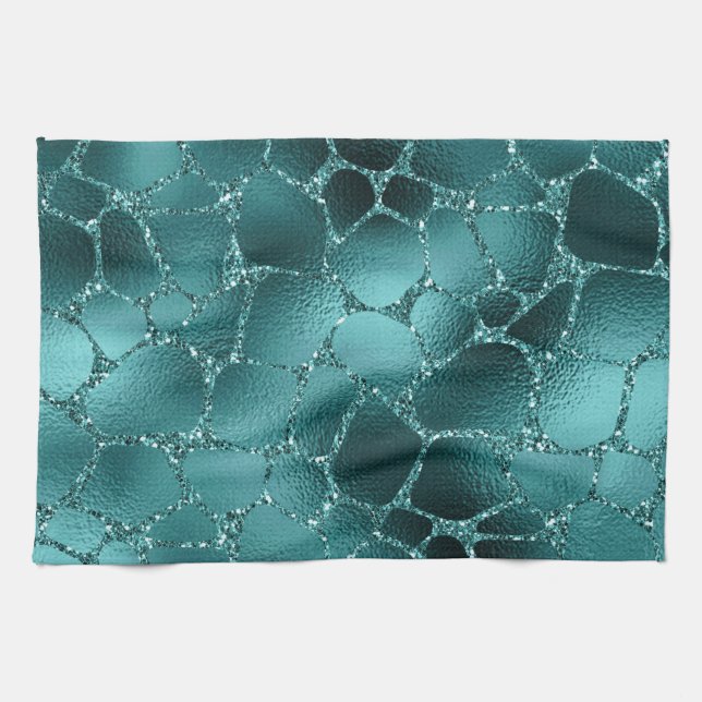 Aquamarines Ombre Glam Glitzer Giraffe Spots Muste Geschirrtuch (Horizontal)