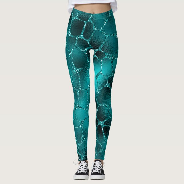 Aquamarines Ombre Glam Glitzer Giraffe Spots Muste Leggings (Vorderseite)