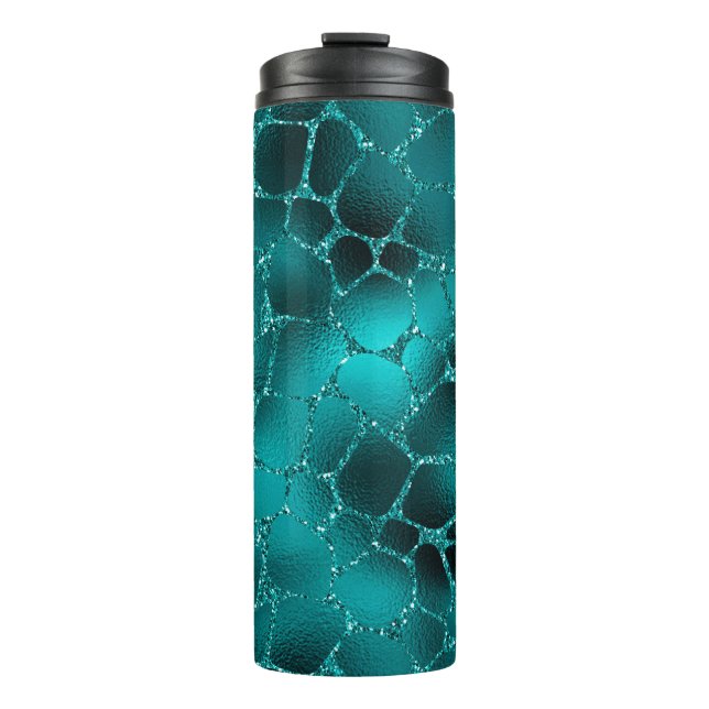 Aquamarines Ombre Glam Glitzer Giraffe Spots Muste Thermosbecher (Vorderseite)