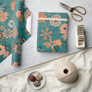 Aquamarines Orange Trendy Floral Vine Blume Muster Geschenkpapier