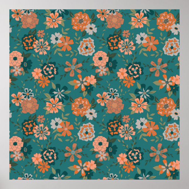 Aquamarines Orange Trendy Vine Blume Muster Poster (Vorne)