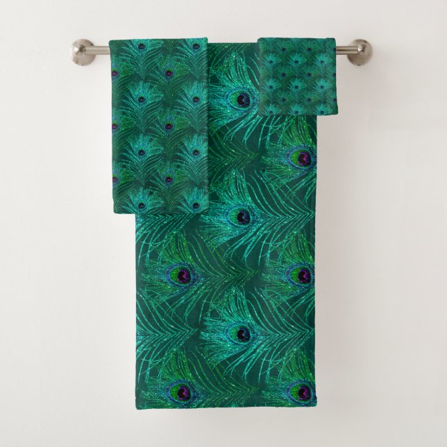 Aquamarines Peacock Feathers-Muster Badhandtuch Set (Insitu)