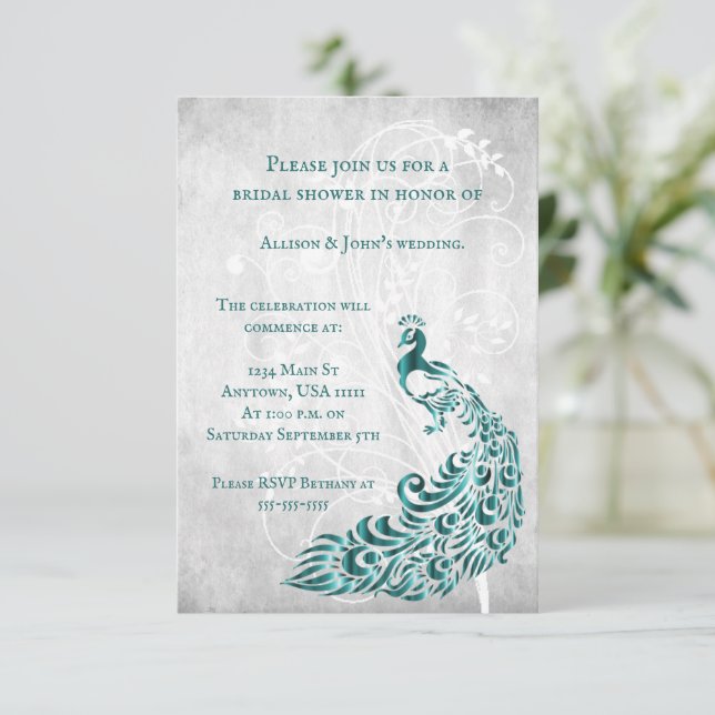 Aquamarines Peacock Leaf Brautparty einladen Einladung (Stehend Vorderseite)