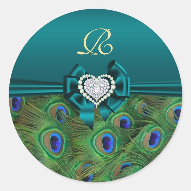 Aquamarines Peacock Wedding-Siegel Runder Aufkleber (Vorderseite)