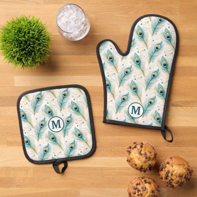 Aquamarines Pfauenfedermuster Monogramm Ofenhandschuh & Topflappen-Set (Oben Unten)