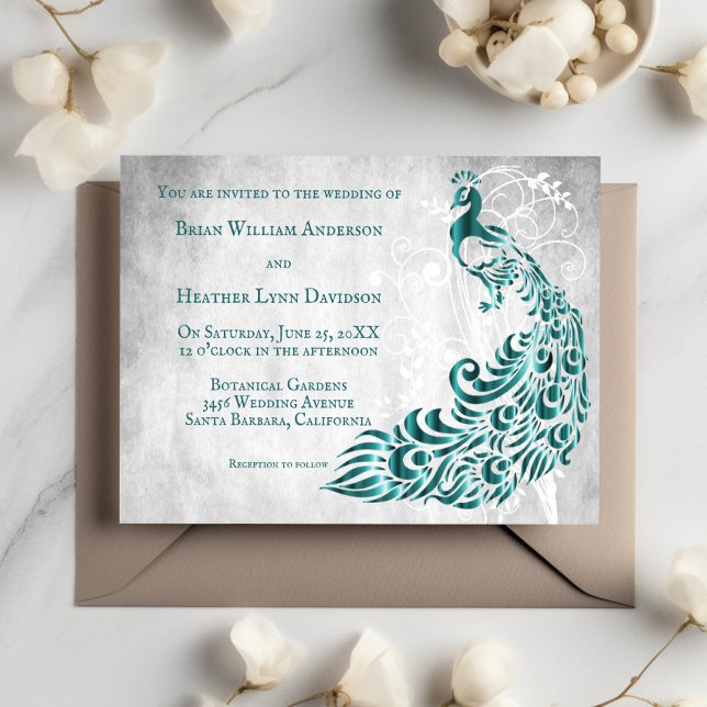 Aquamarines Pfauenleder Einladung zur Hochzeit (Teal Peacock Leaf Vine Wedding Invitation)