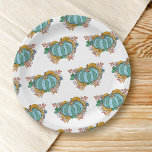 Aquamarines Pumpkin Fall Floral Muster Pappteller<br><div class="desc">Fügen Sie Ihren Herbstfeiern eine Touch Charme hinzu mit diesen Aquamarinen Tellern des Kürbisfalles-Mustermusters. Mit einem aquamarinen Kürbis, umgeben von einer eleganten Anordnung von Herbst-Blume mit Sonnenblumen, sind diese Teller der ideale Ort, um ein stilvolles und allergisches Ambiente zu schaffen. Der aquamarine Kürbis symbolisiert die Inklusivität für Lebensmittelallergien und macht...</div>