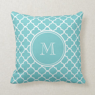 Aquamarines Quatrefoil Muster, Ihr Monogramm Kissen