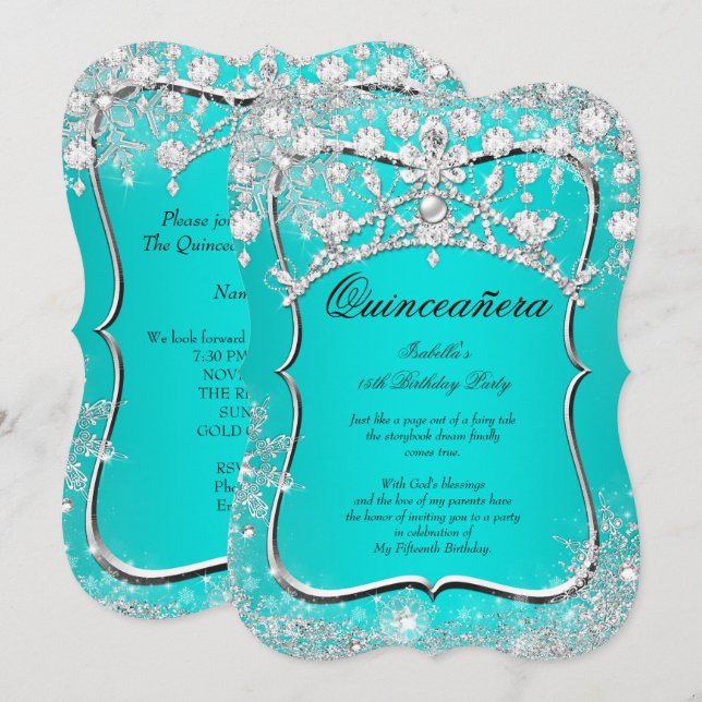 Aquamarines Quinceanera 15. Winter Wunderland Silb Einladung (Vorne/Hinten)