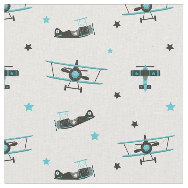 Aquamarines Retro-Flugzeugmuster Stoff (Nahaufnahme)