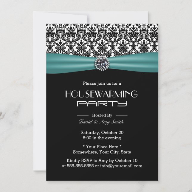 Aquamarines Ribbon Elegantes Damask Housewarming P Einladung (Vorderseite)