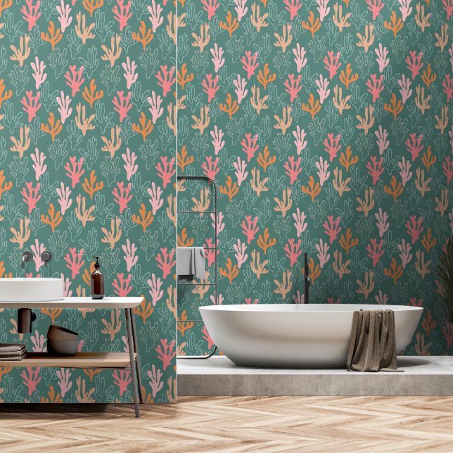 Aquamarines rosa Orangefarbenes Korallenmuster Tapete (Badezimmer)