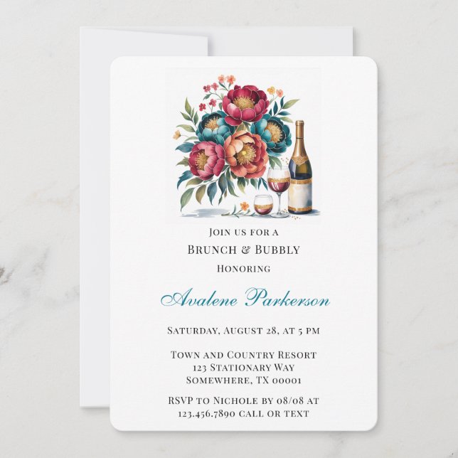 Aquamarines Rot-Orange-Bouquet-Brunch mit floralen Einladung (Vorderseite)